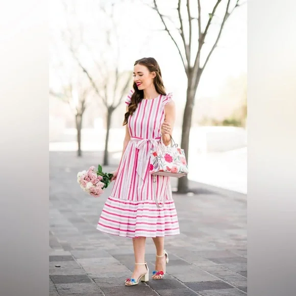 Kate Spade Pink and White Peach Sherbert Midi Dress Striped Midi Dress, Size 14 - Picture 1 of 4